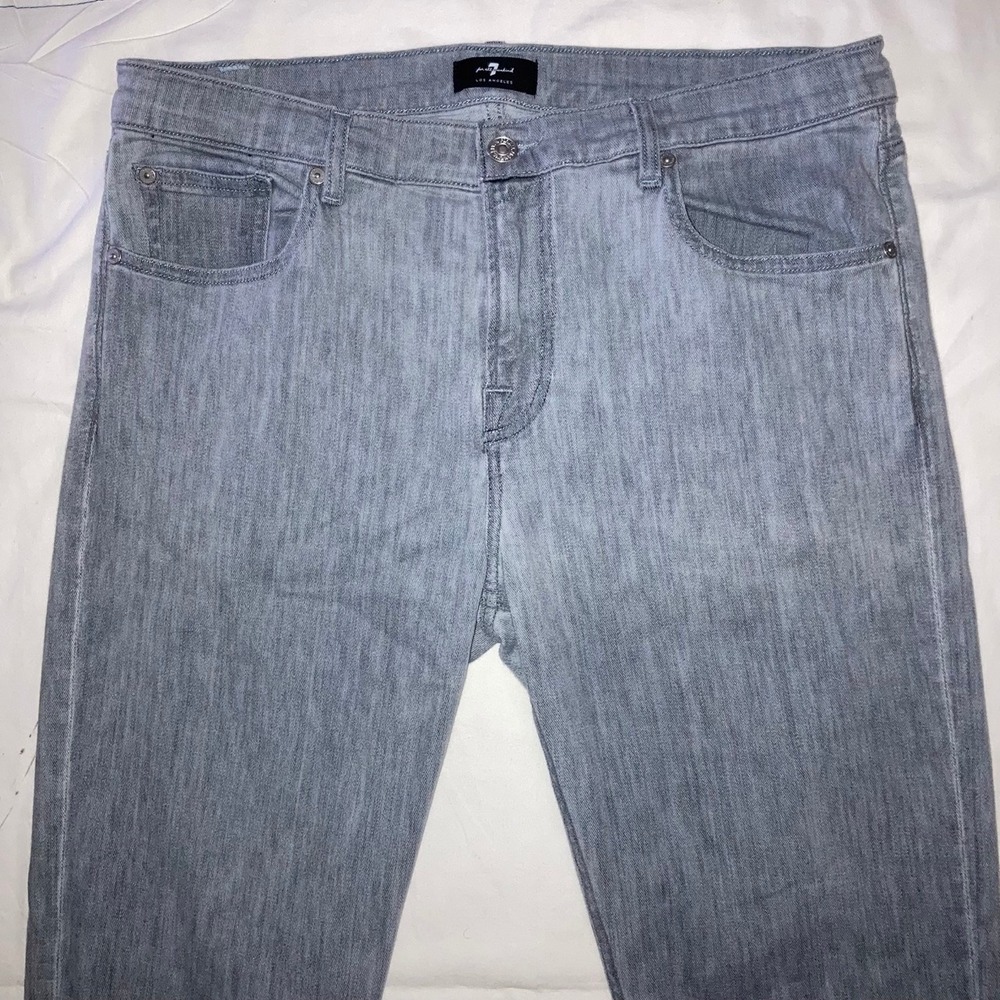 7 For All Mankind Slimmy Jeans Mens Medium 34x33 Grey Zip Fly Light Wash Denim - Picture 3 of 9